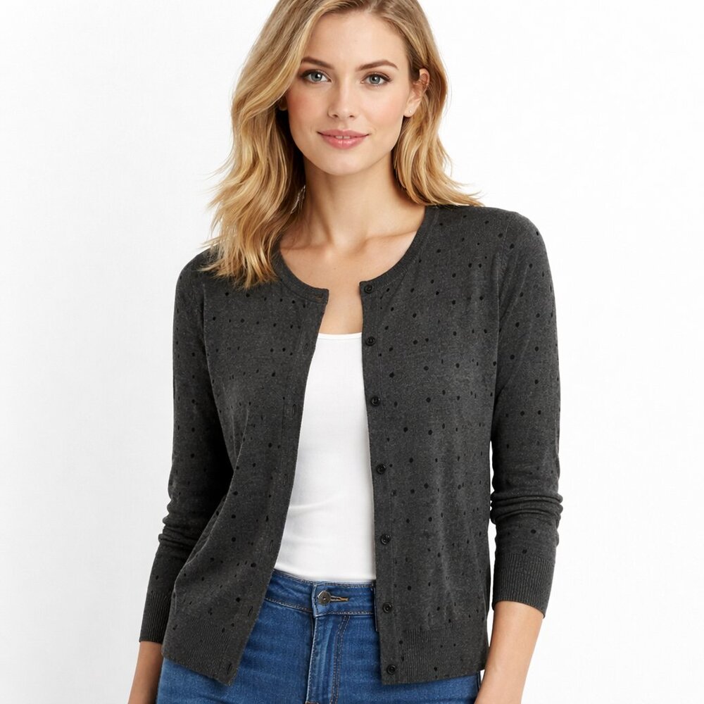 Cable & Gauge Button Down Gray Polka Dot Cardigan Sweater M